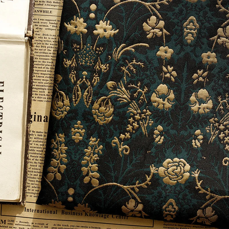 Ancora Dark Green Gold Black Embossed Jacquard Fabric
