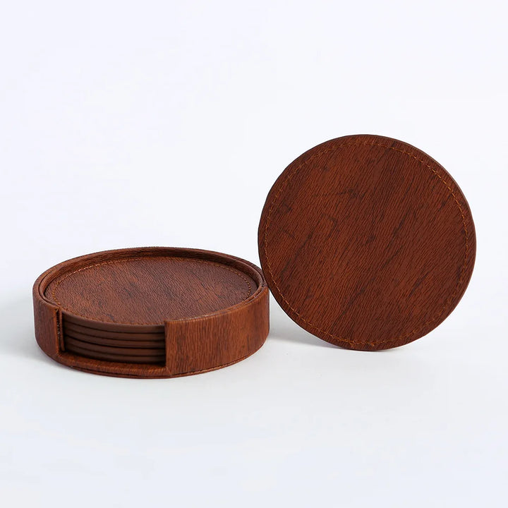 6 Wood Grain Leather Coaster Set