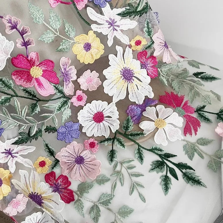 5 Yards / Nerisse Multicolor Flowers Tulle Lace Fabric