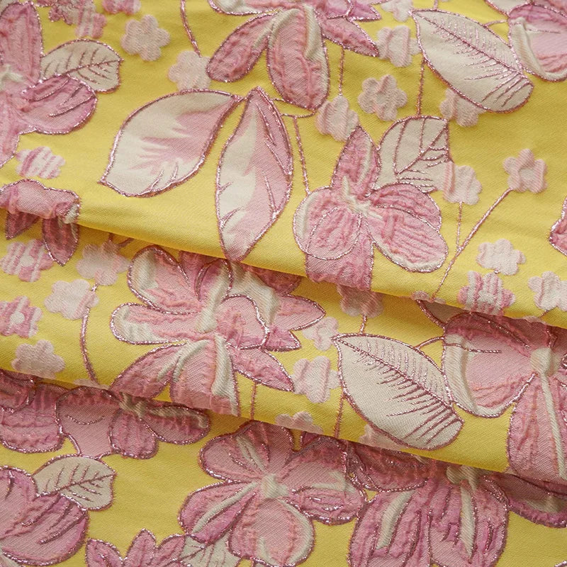 Jumnoi Bright Yellow Pink Flower Jacquard Brocade Fabric