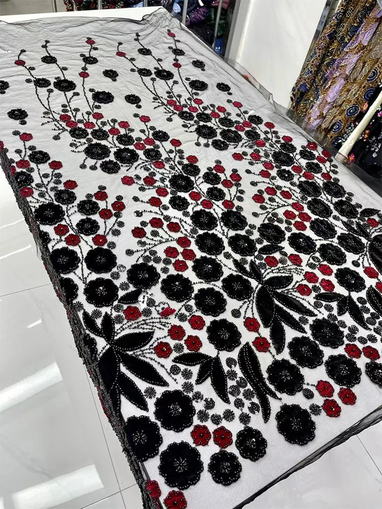 5 YARDS / 9 COLORS / Aurelia Black Floral Beaded Embroidery Bridal Mesh Lace Fabric