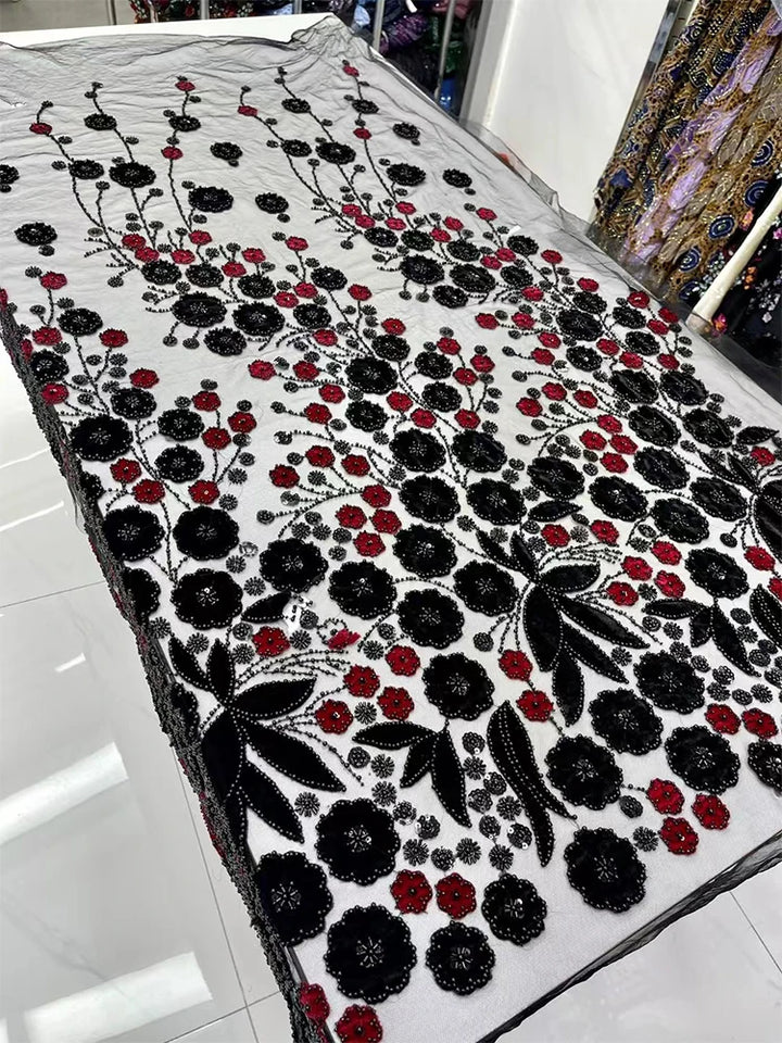 5 YARDS / 9 COLORS / Aurelia Black Floral Beaded Embroidery Bridal Mesh Lace Fabric