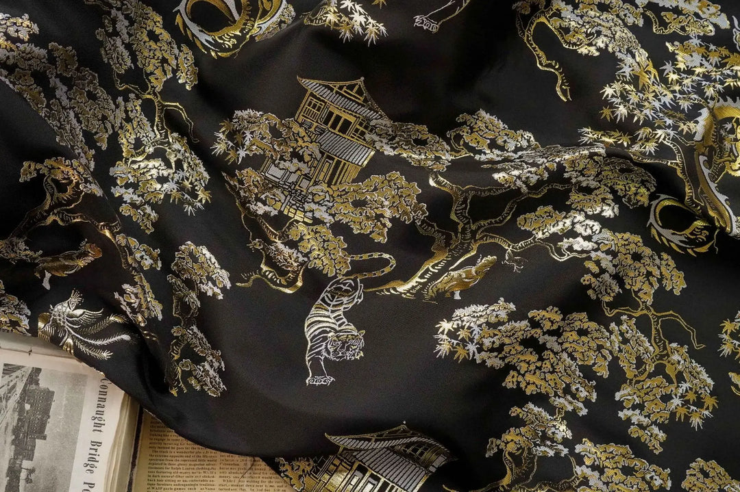 Caterine Gold Silk Dragon Tiger Pattern Jacquard Fabric