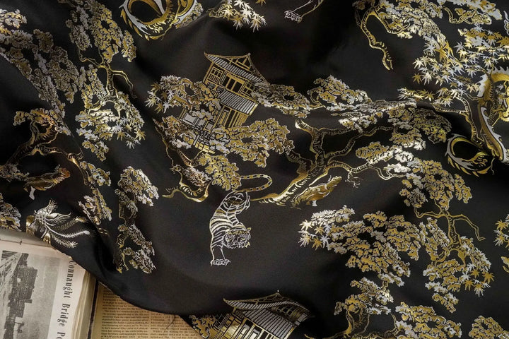 Caterine Gold Silk Dragon Tiger Pattern Jacquard Fabric