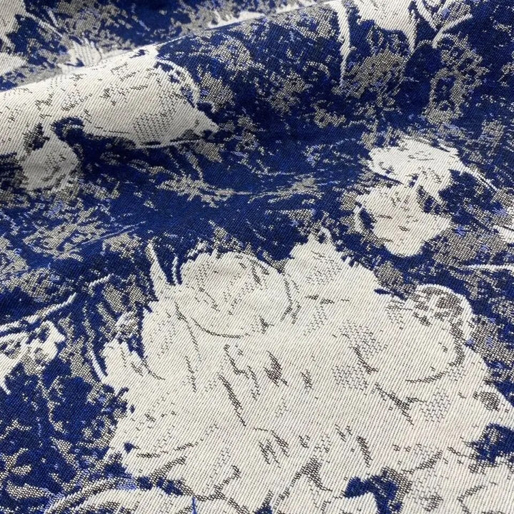 Tessuto in ciniglia jacquard stampato a fiori floreali blu beige MALIBAU