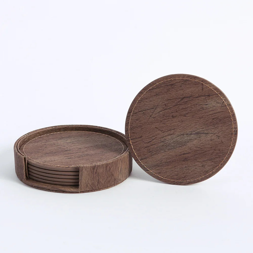 6 Wood Grain Leather Coaster Set