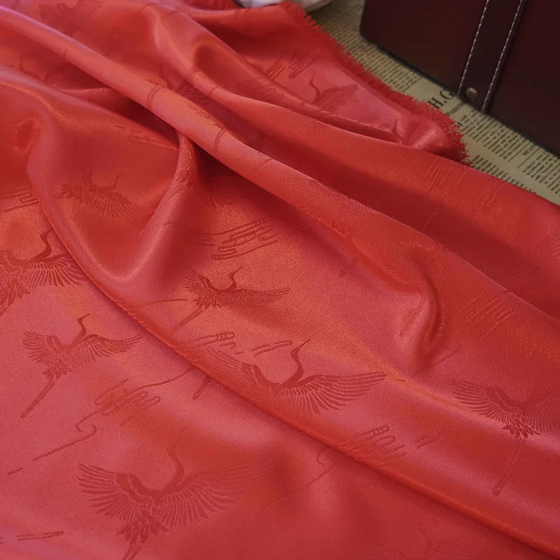 Sorisam Black Red Crane Soft Satin Fabric