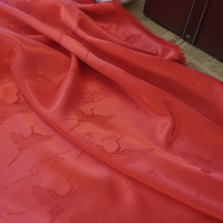 Sorisam Black Red Crane Soft Satin Fabric