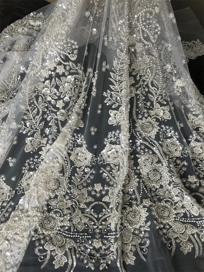 Tessuto per abito da sposa, 5 metri/Shamuela, ricamo con perline, glitter, maglia di pizzo, ballo di fine anno