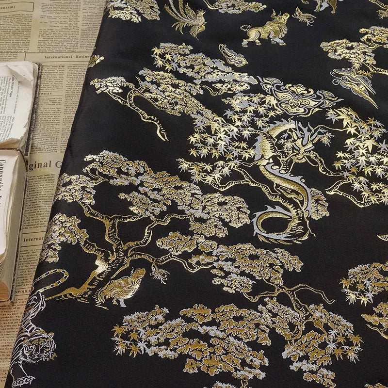 Caterine Gold Silk Dragon Tiger Pattern Jacquard Fabric