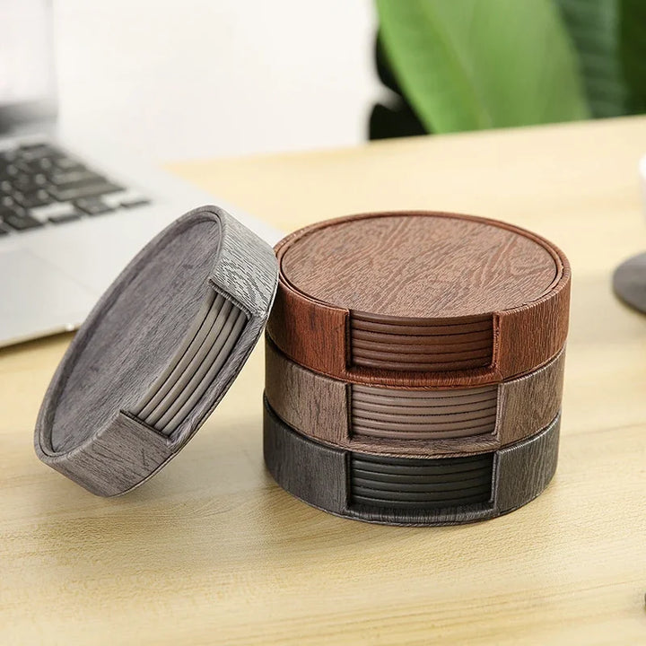 6 Wood Grain Leather Coaster Set