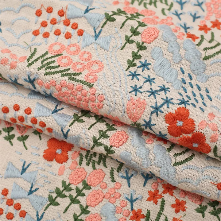 Emeliani Cotton Linen Multicolor Floral Embroidery Fabric