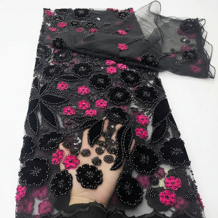 5 YARDS / 9 COLORS / Aurelia Black Floral Beaded Embroidery Bridal Mesh Lace Fabric