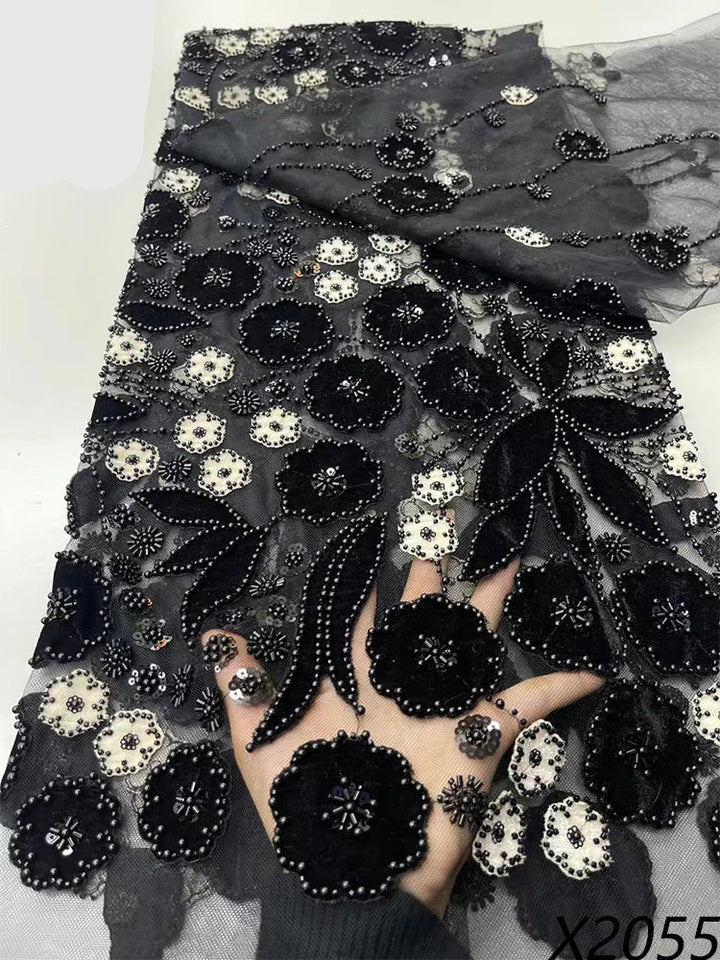5 YARDS / 9 COLORS / Aurelia Black Floral Beaded Embroidery Bridal Mesh Lace Fabric