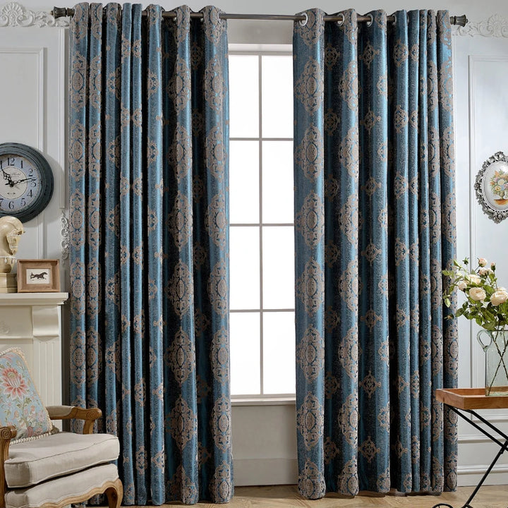 Blue Textured Jacquard Custom-Made Drapery