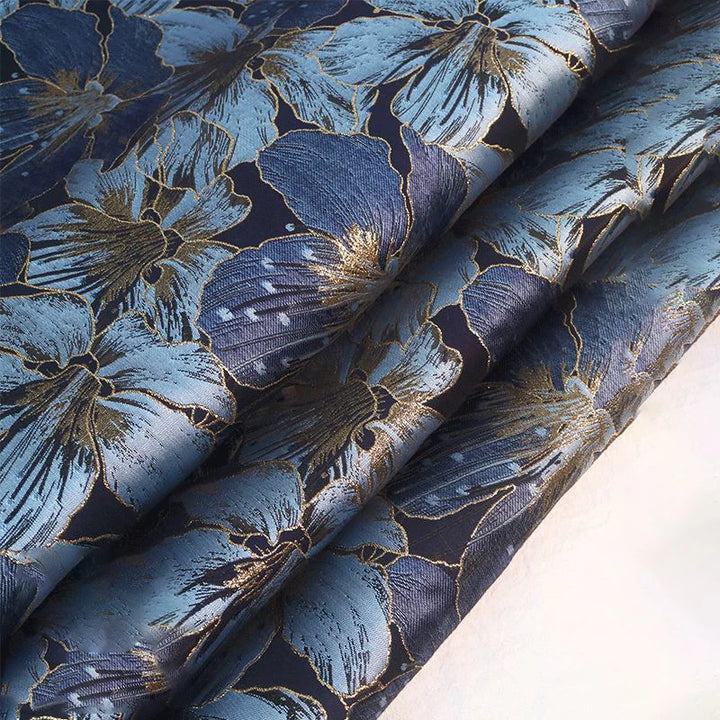 Fraser Gold Blue Large Flower Jacquard Yarn Dyed Fabric