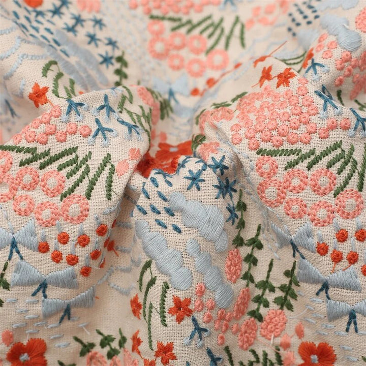 Emeliani Cotton Linen Multicolor Floral Embroidery Fabric