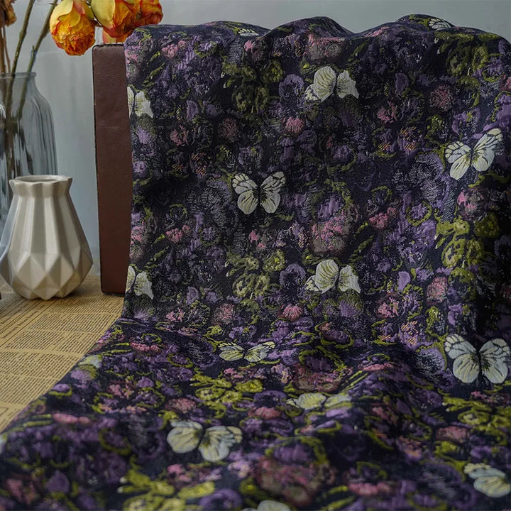 Mertens Textured Black Purple Butterfly Thick Yarn Dyed Jacquard Fabric