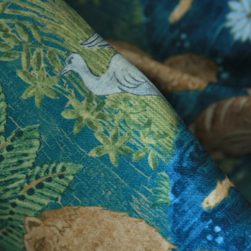 Printed Forest Teal Blue Green Cotton Linen Custom-Made Drapery