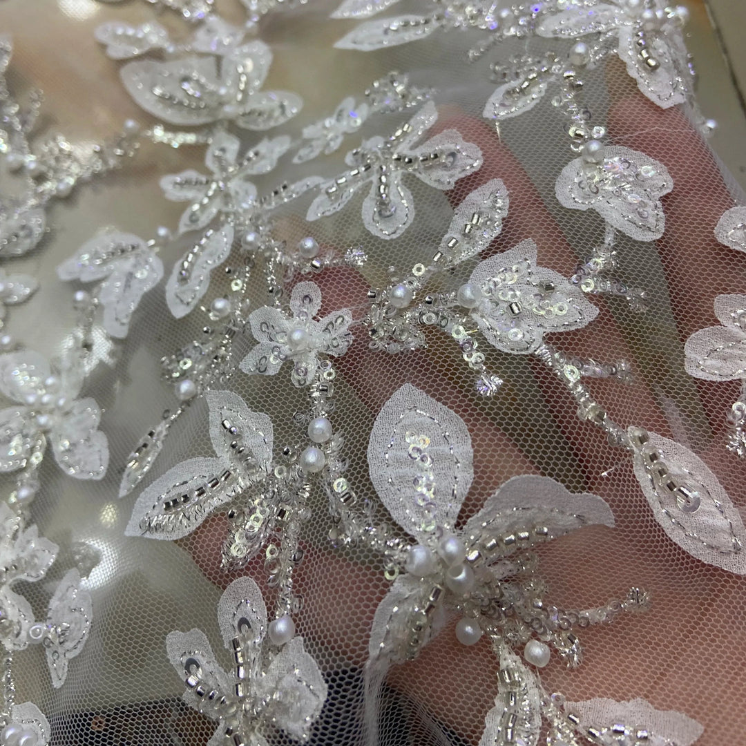 beaded fabric for dresses Beaded Pearl Scalloped Edges Wedding Lace Mesh Gold Silver Fabric