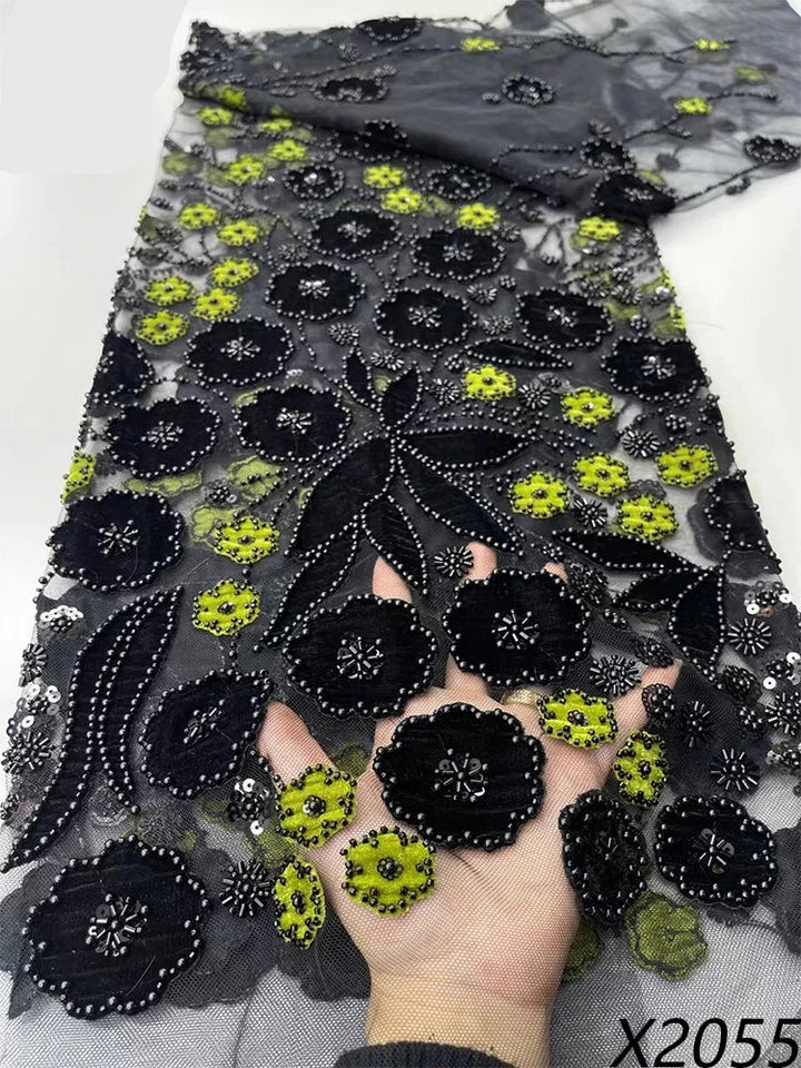 5 YARDS / 9 COLORS / Aurelia Black Floral Beaded Embroidery Bridal Mesh Lace Fabric