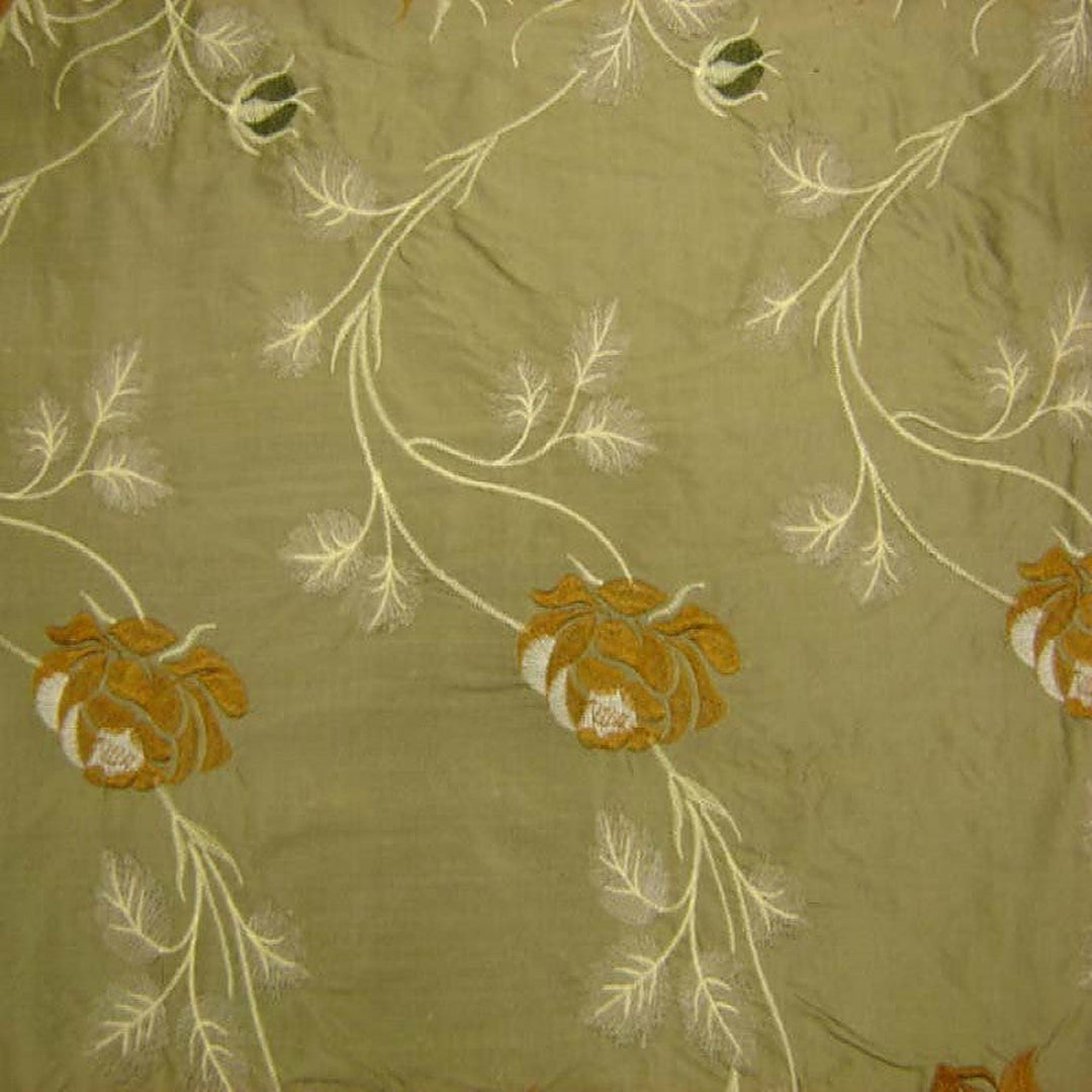 Cassiora Floral Embroidered Silk Fabric in Khaki