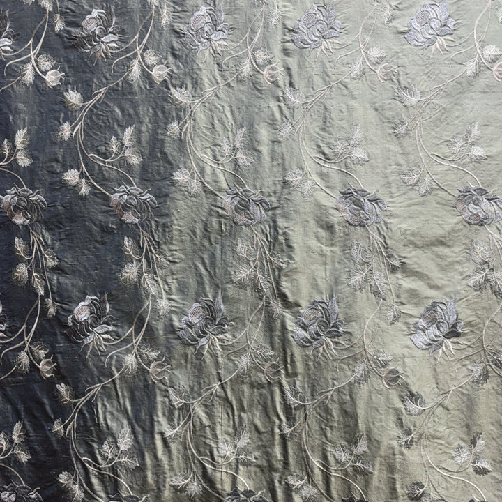 Cassiora Floral Embroidered Silk Fabric in Turquoise