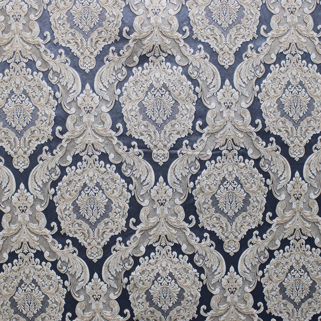 Eldenburg Navy Blue Beige Textured Damask Jacquard Brocade Fabric