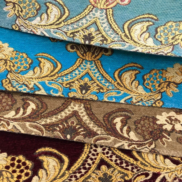 Alexander Multi Color Damask Chenille Woven Jacquard Teal Blue Fabric