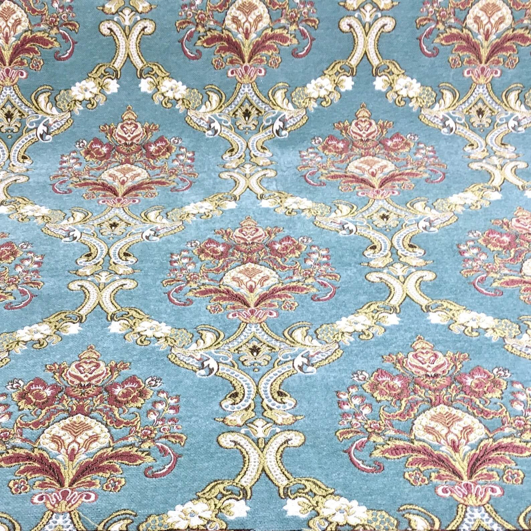 Alexander Multi Color Damask Chenille Woven Jacquard Teal Blue Fabric