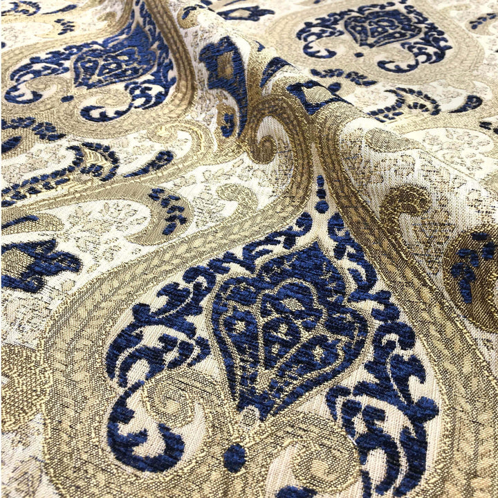 Versailles Damask Brocade Chenille Woven Jacquard Blue Gold Fabric