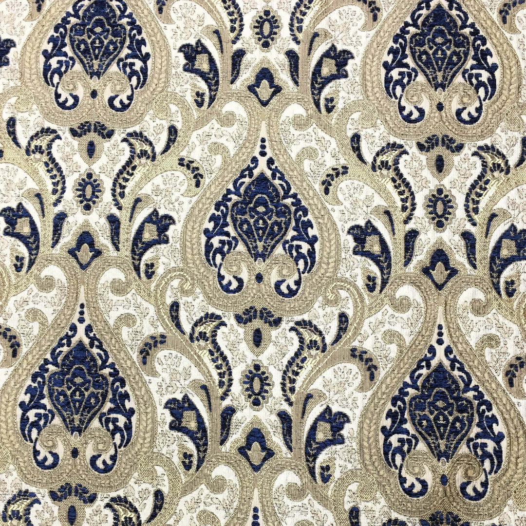Versailles Damask Brocade Chenille Woven Jacquard Blue Gold Fabric