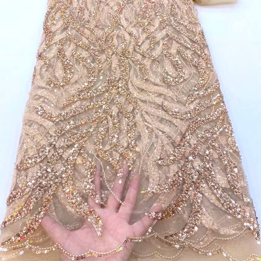 Rose Gold Aude Scroll Sequin Beaded Glitter Embroidery Mesh Lace Wedding Party Dress Fabric