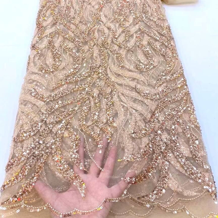 Rose Gold Aude Scroll Sequin Beaded Glitter Embroidery Mesh Lace Wedding Party Dress Fabric