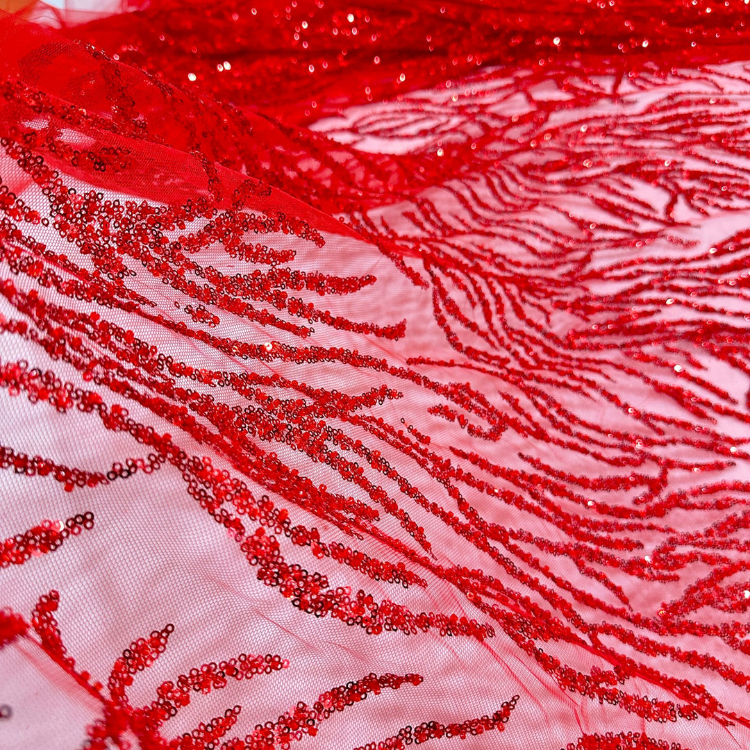 YARDS Hailey Red Sequin Abstract Lines Beaded Embroidery Tulle