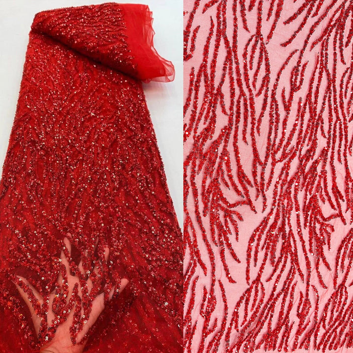 5 YARDS / Hailey Red Sequin Abstract Lines Beaded Embroidery Tulle Mesh Lace Party Prom Bridal Dress Fabric