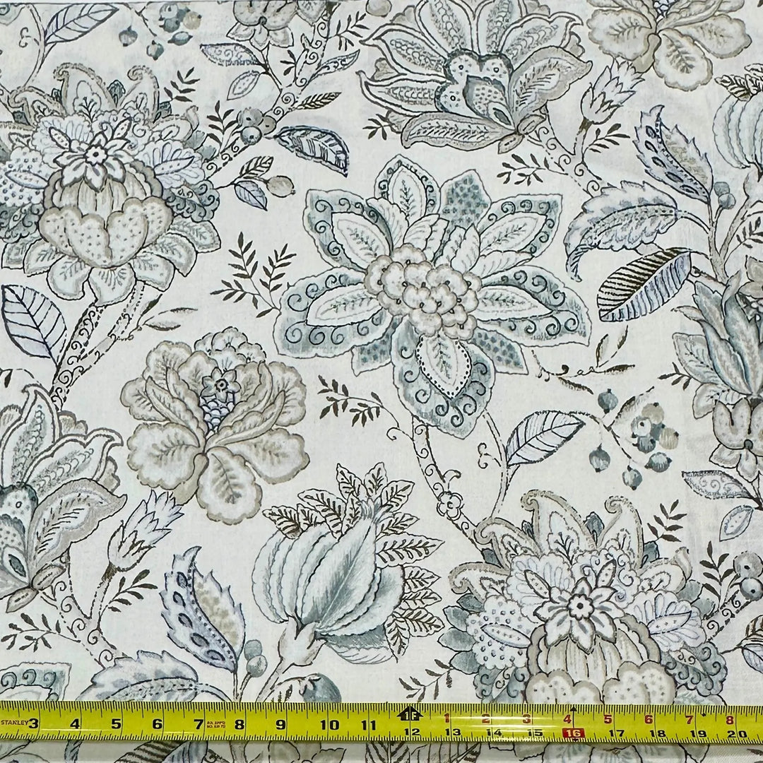 Rosette Beige Taupe Blue Floral 100% Cotton Fabric