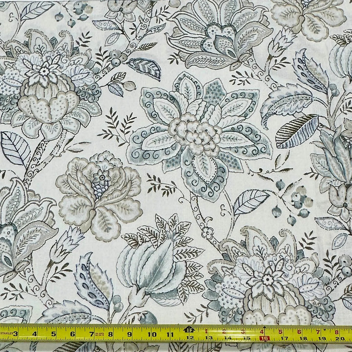 Rosette Beige Taupe Blue Floral 100% Cotton Fabric