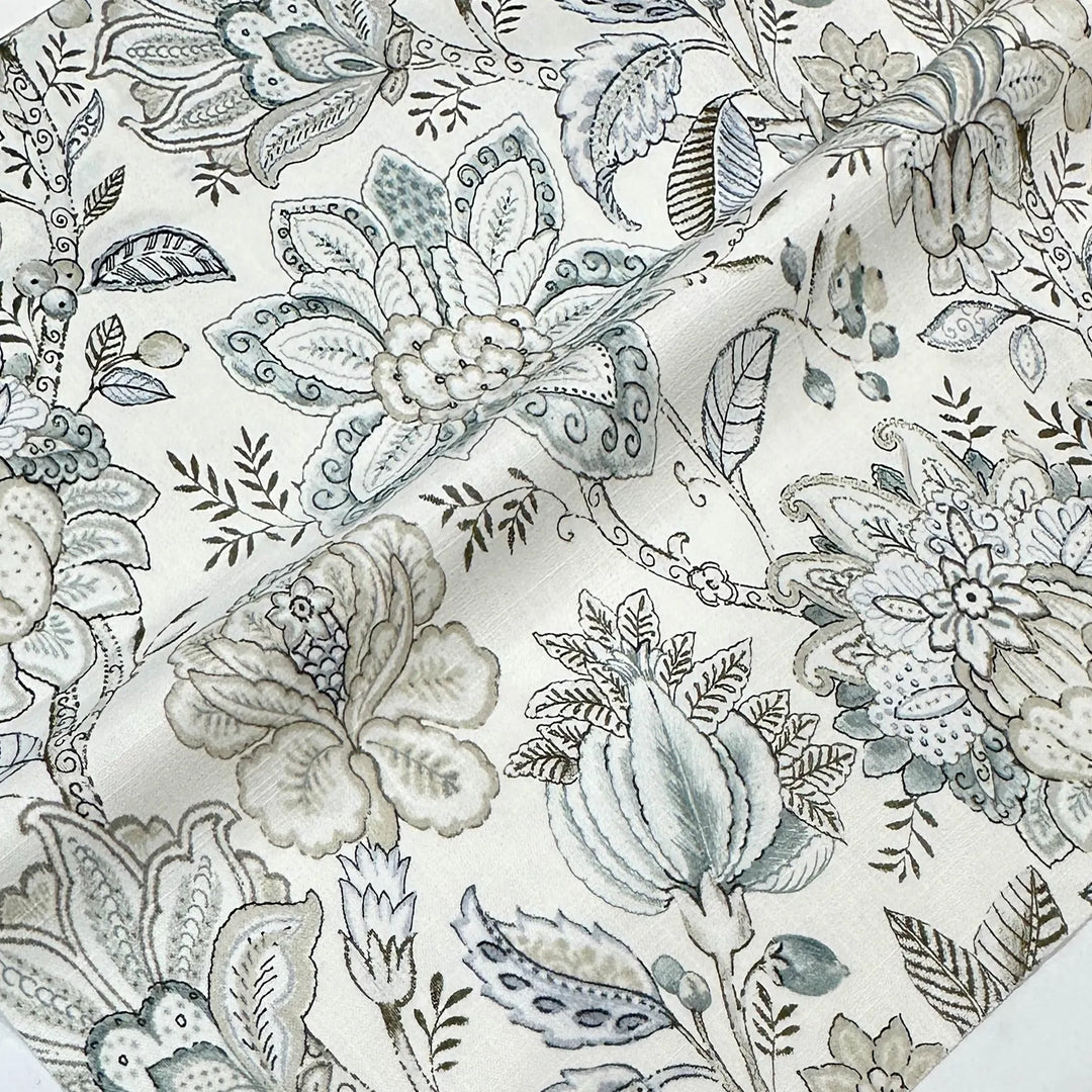 Rosette Beige Taupe Blue Floral 100% Cotton Fabric