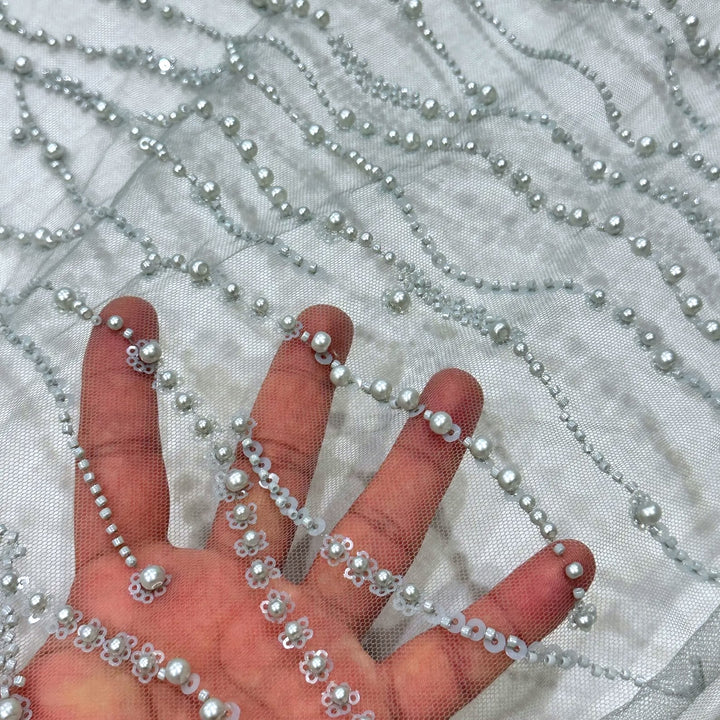 5 YARDS / Alexander Grey All Over Beaded Geometric Sequin Dress Mesh Lace Fabric