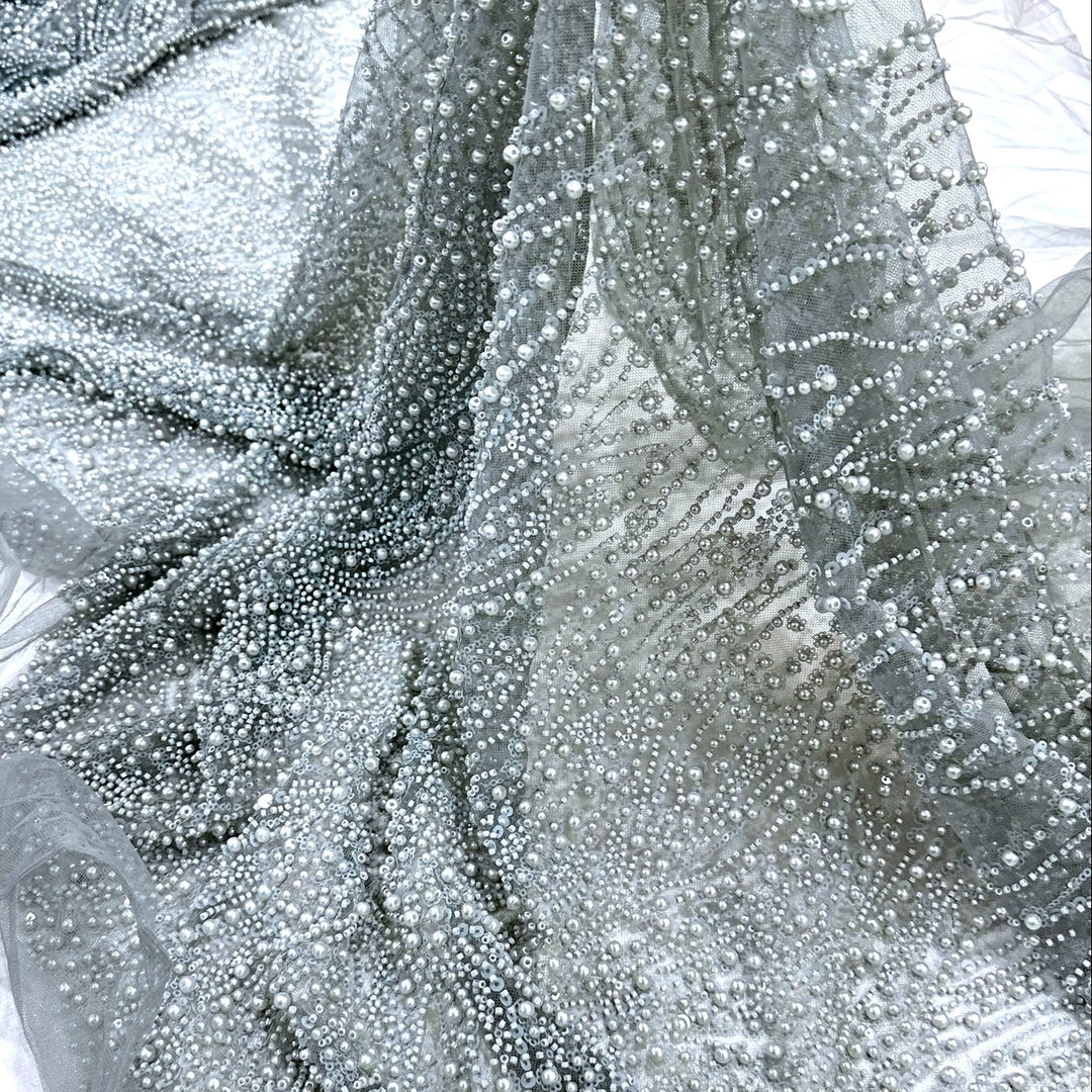 5 YARDS / Alexander Grey All Over Beaded Geometric Sequin Dress Mesh Lace Fabric