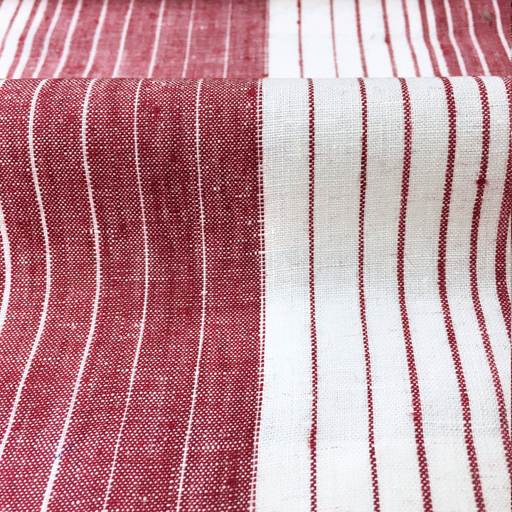 BENCE Pure 100% linen fabric Wide Stripe / Red White / Drapery, Curtain, Upholstery, Apparel /Fabric by the Yard