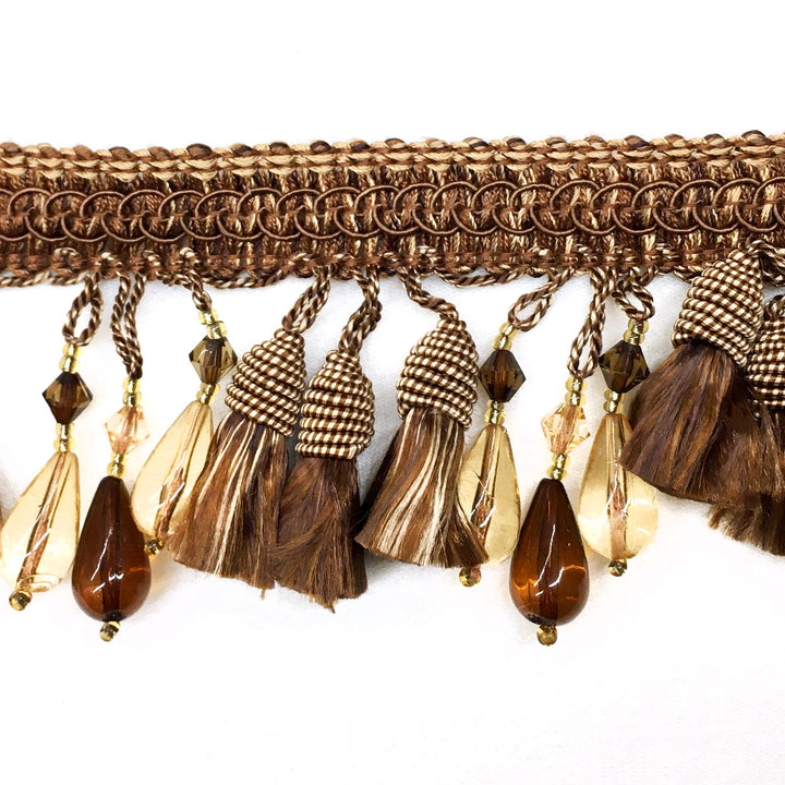 2.5" Brown Gold Beaded Tassel Fringe Trim