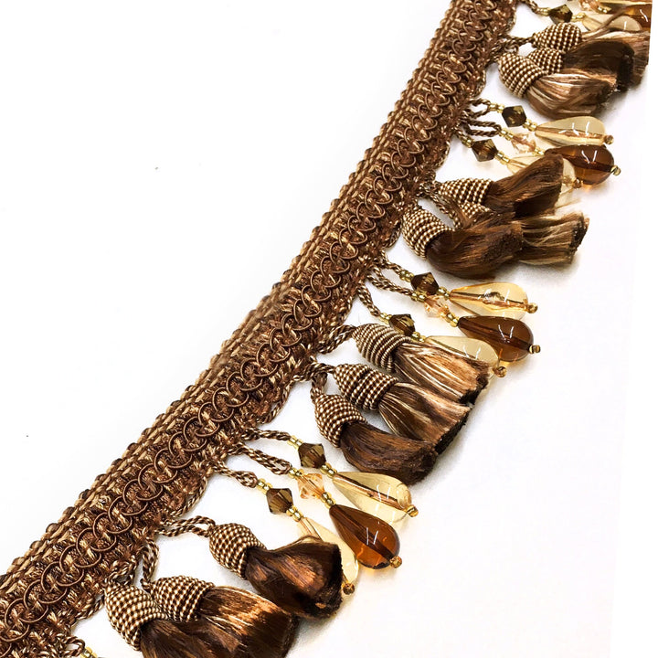 2.5" Brown Gold Beaded Tassel Fringe Trim