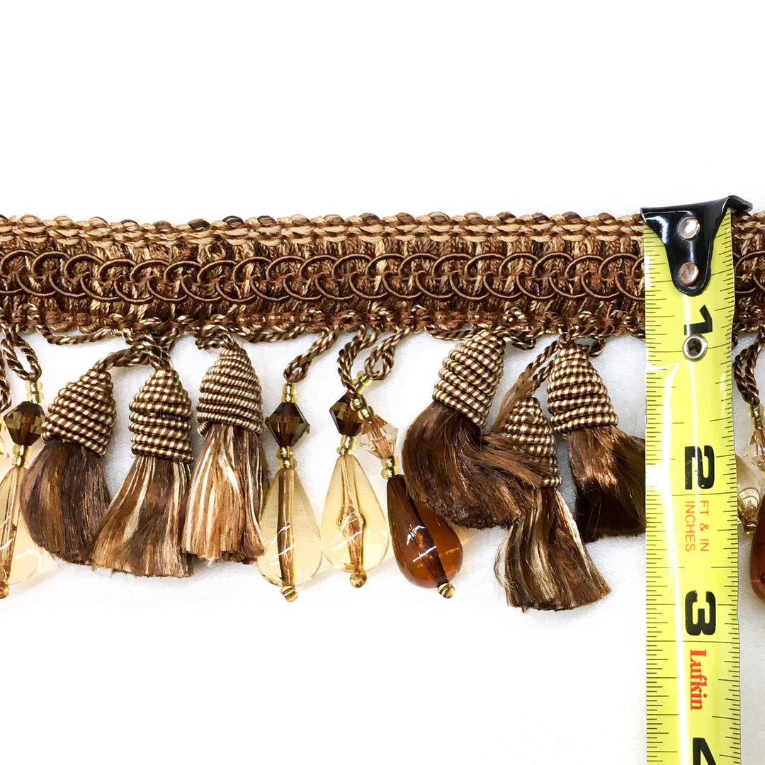 2.5" Brown Gold Beaded Tassel Fringe Trim