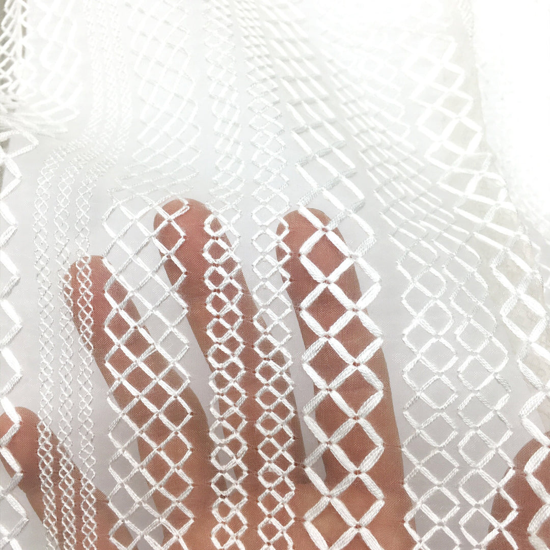 2 YARDS / Off White Ivory Geometric Open Weave Cotton Sheer Fabric