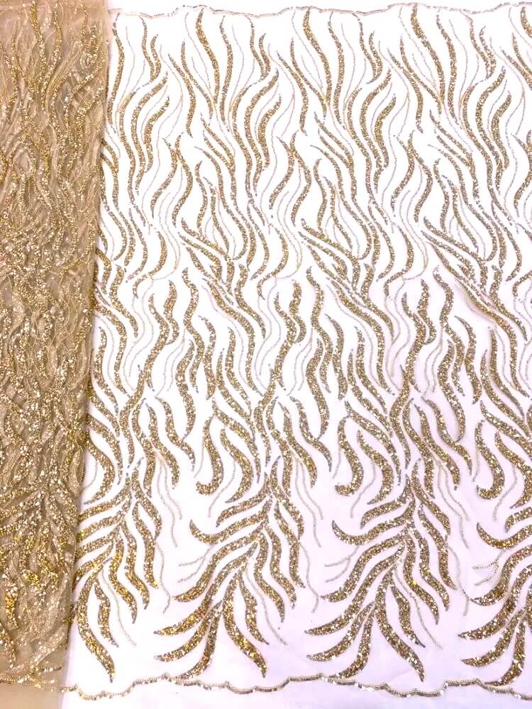 Rose Gold Aude Scroll Sequin Beaded Glitter Embroidery Mesh Lace Wedding Party Dress Fabric