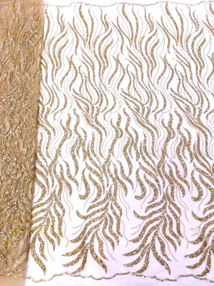 Rose Gold Aude Scroll Sequin Beaded Glitter Embroidery Mesh Lace Wedding Party Dress Fabric