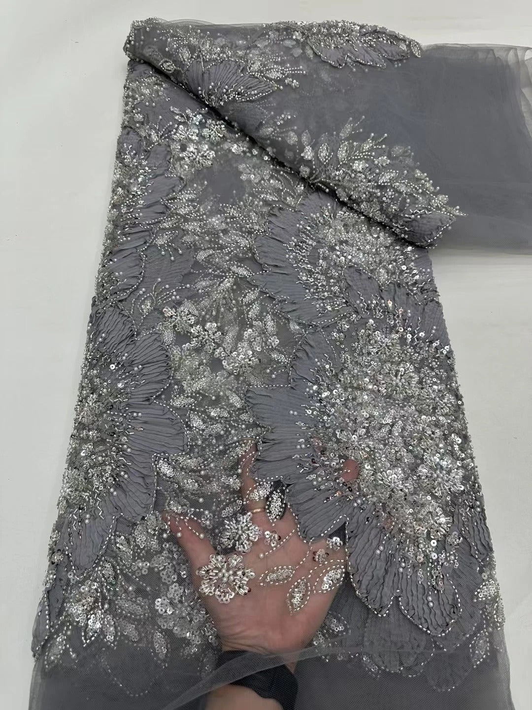 5 YARDS / 16 COLORI / Tessuto Delphine per abiti da cerimonia nuziale con paillettes ricamate in rete di pizzo scintillante