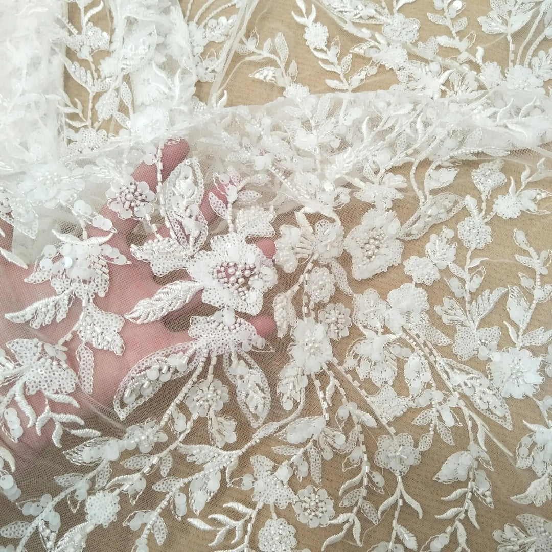 5 YARDS / Belaroel Floral Sequin Beaded Embroidery Tulle Mesh Lace Dress Fabric